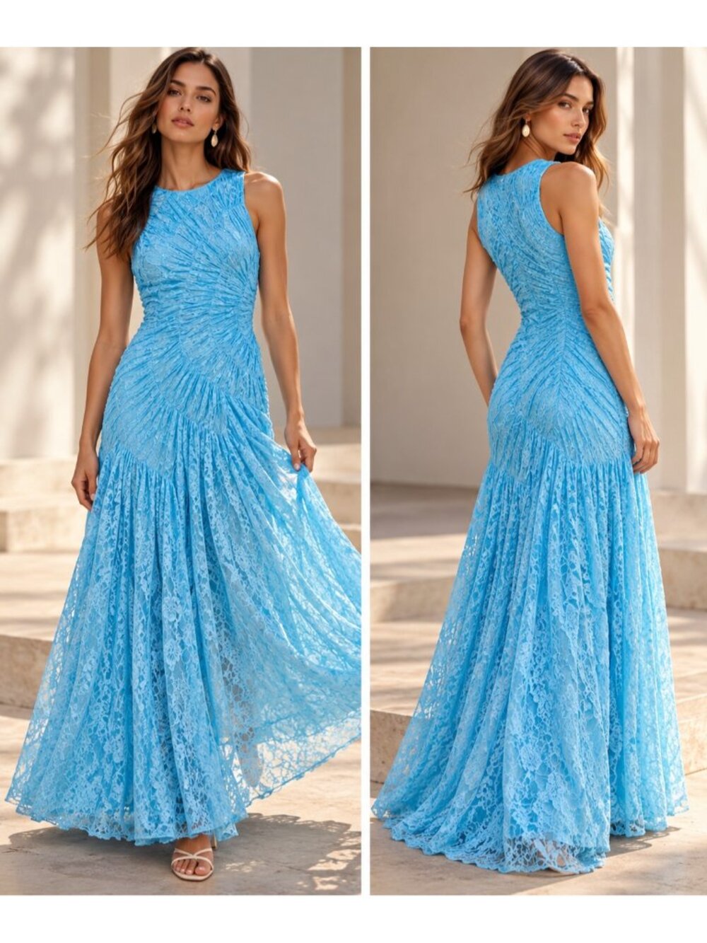 ARRANGE Women's Blue Lace Ruched Maxi Dress US 14 NWT